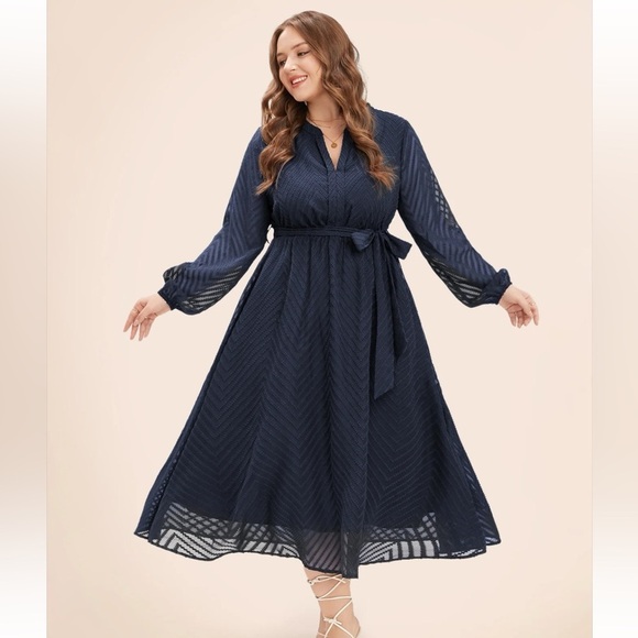 BloomChic Plus Size XL Solid Geometric Pocket Mesh Lantern Sleeve Belted Dress - Picture 1 of 10